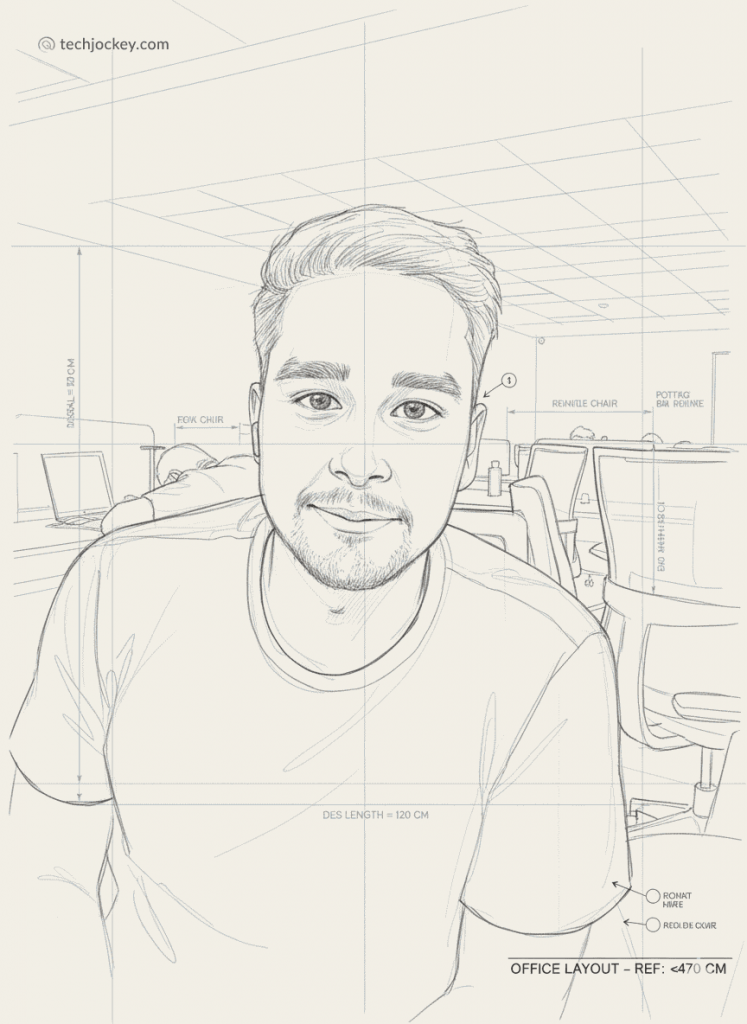 Line art portrait of a man sitting in an office workspace with chairs, laptops, and a structured layout design in the background