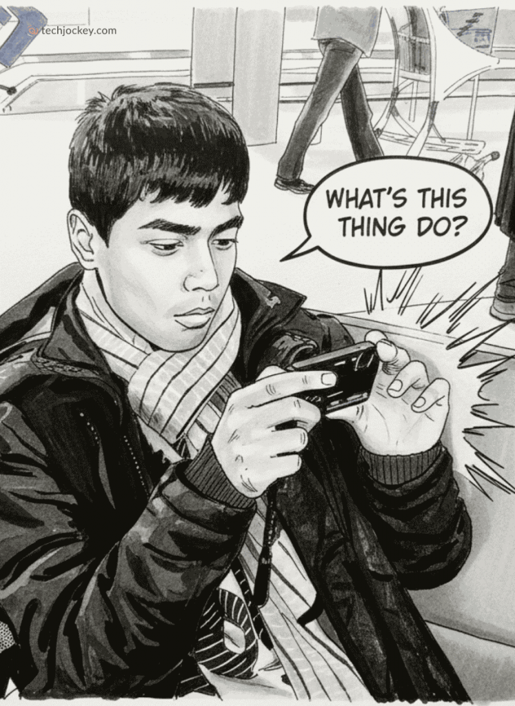 Comic-style black and white illustration of a boy examining a smartphone with a speech bubble saying What’s this thing do?