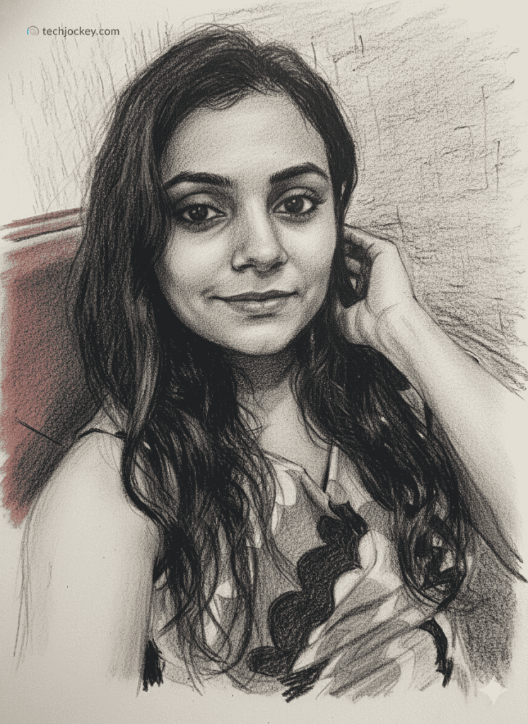 Artistic pencil portrait of a woman with long wavy hair, sitting relaxed with her hand near her face against a textured background.