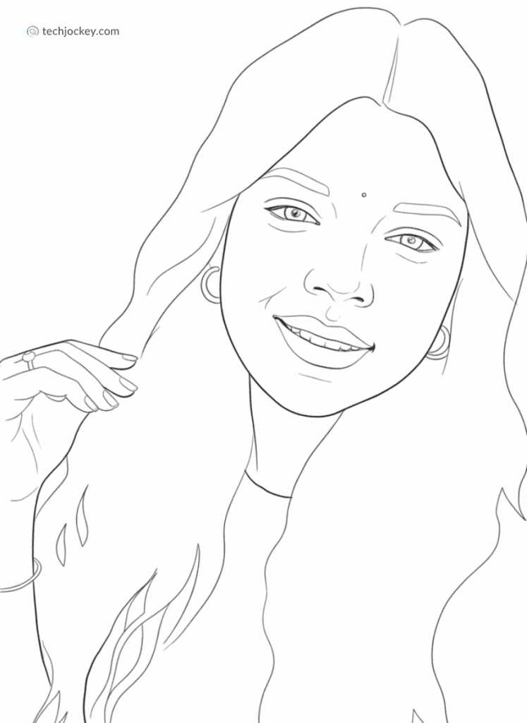Clean line art portrait of a smiling woman with long hair, wearing earrings and a ring, holding a strand of her hair.