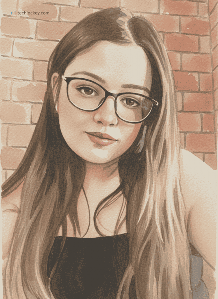 Watercolor-style portrait of a woman wearing glasses, posing confidently in front of a brick wall background.
