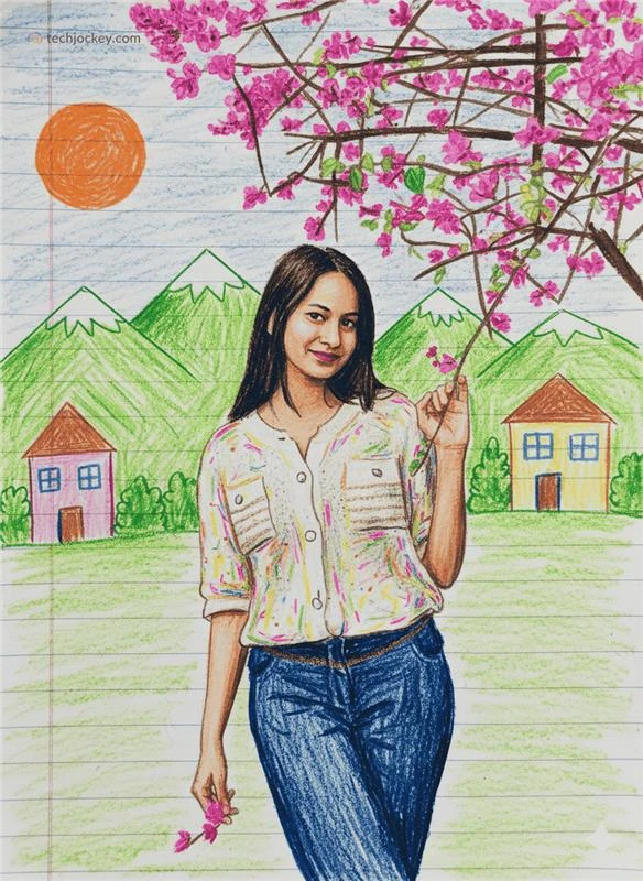 Colorful crayon-style illustration of a woman holding pink flowers under a blooming tree, with mountains and houses in the background.