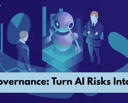 Illustration of two business professionals evaluating a humanoid AI system in a digital environment with the text AI Governance: Turn AI Risks Into ROI, representing responsible and profitable AI adoption.