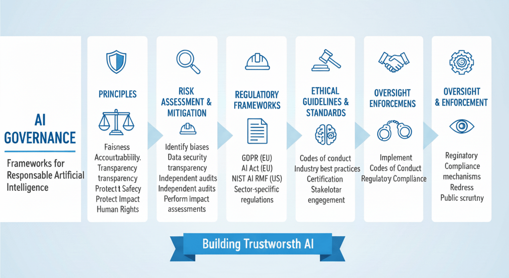Infographic illustrating AI Governance framework with key pillars including principles, risk assessment and mitigation, regulatory frameworks, ethical guidelines and standards, oversight enforcements, and oversight and enforcement all contributing to building trustworthy AI.
