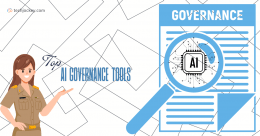 An illustration titled Top AI Governance Tools featuring a woman in a uniform pointing towards a document about GOVERNANCE, with a large magnifying glass zooming in on an AI chip or circuit board marked AI. The background is white with a pattern of thin, intersecting lines.