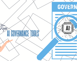 An illustration titled Top AI Governance Tools featuring a woman in a uniform pointing towards a document about GOVERNANCE, with a large magnifying glass zooming in on an AI chip or circuit board marked AI. The background is white with a pattern of thin, intersecting lines.