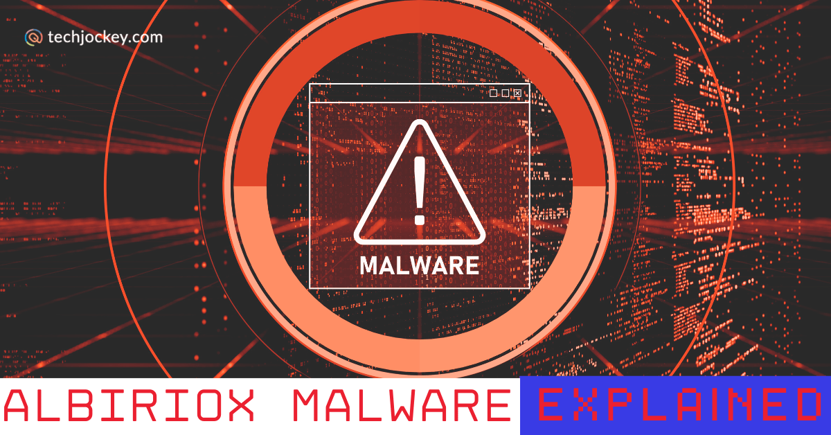 A red cyber-themed warning graphic showing a malware alert symbol inside a digital interface, featuring the text Albiriox Malware Explained, representing a detailed guide on the Albiriox Android Trojan.