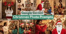 Collage of festive Christmas photos featuring people decorating trees, exchanging gifts, posing in holiday outfits, celebrating with friends and family, and a Santa Claus figure, with the text Google Gemini Christmas Photo Prompts displayed in the center.