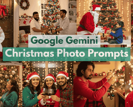 Collage of festive Christmas photos featuring people decorating trees, exchanging gifts, posing in holiday outfits, celebrating with friends and family, and a Santa Claus figure, with the text Google Gemini Christmas Photo Prompts displayed in the center.