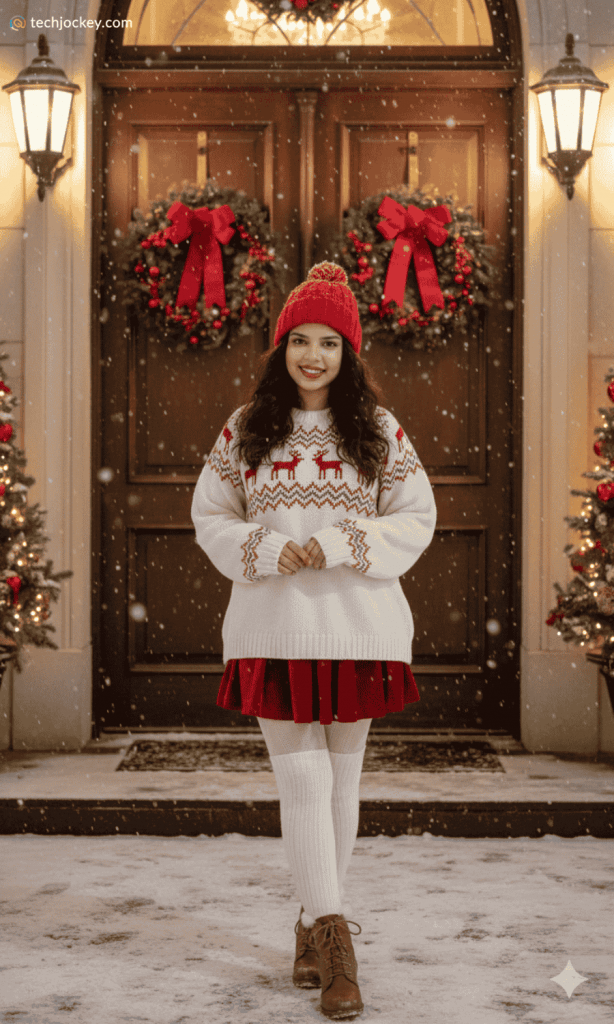 Woman standing outside a decorated front door with Christmas wreaths, wearing a white winter sweater, red skirt, red beanie, and boots while snow falls around her.