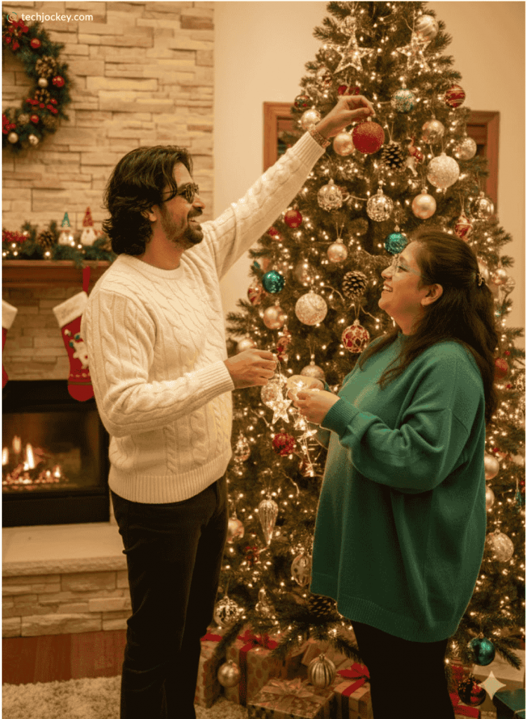 Man and woman decorating a lit Christmas tree together in a cozy living room with a fireplace, stockings, and festive ornaments.