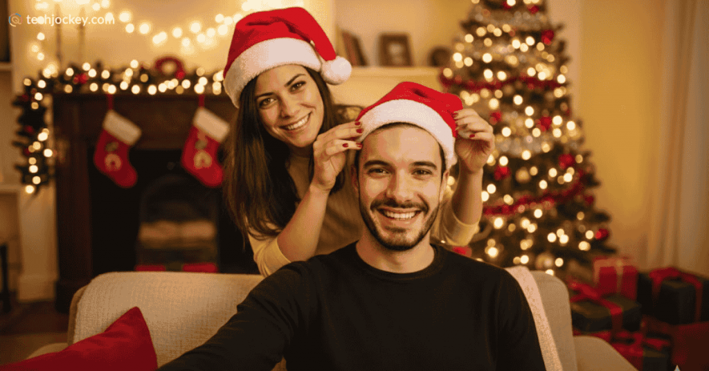 Woman playfully adjusting a Santa hat on a smiling man as they sit in a festive living room decorated with Christmas lights, stockings, and a lit tree.