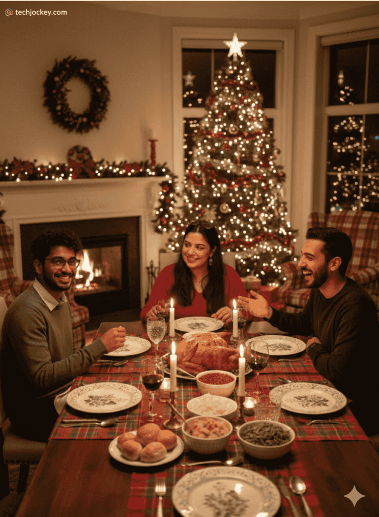 Three people enjoying a festive Christmas dinner around a candlelit table with holiday dishes, a decorated tree, and a glowing fireplace in the background.