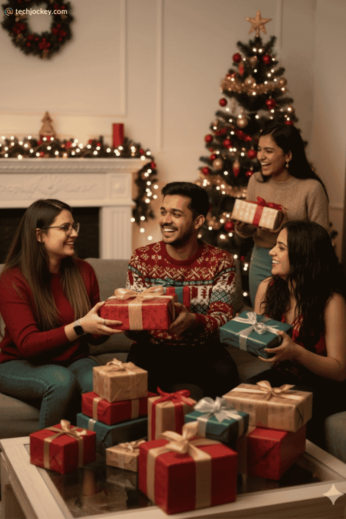 A group of friends exchange wrapped Christmas gifts while sitting near a decorated tree and festive lights, smiling and celebrating together.