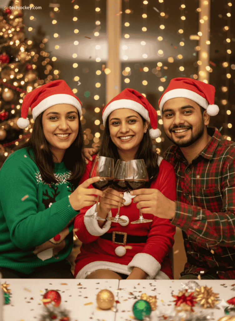 A group of three friends wearing Santa hats celebrate Christmas, smiling and clinking wine glasses in a festive room decorated with lights and a Christmas tree.