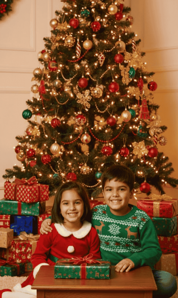 Two smiling children sit in front of a decorated Christmas tree, holding a wrapped gift surrounded by festive ornaments and presents.