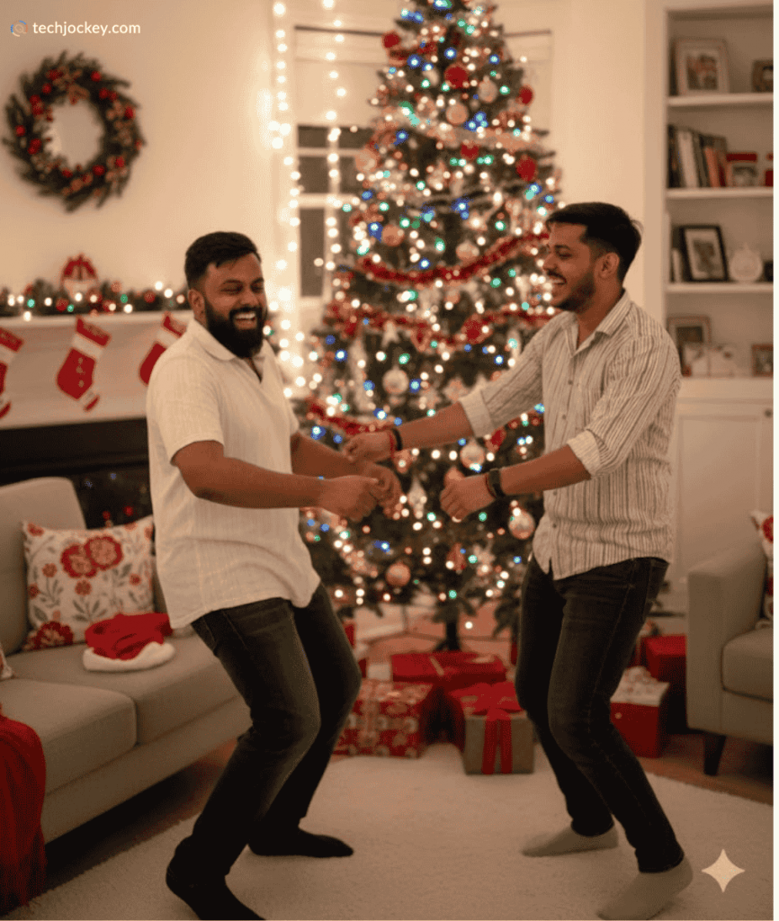 Two friends dance and laugh together in a festive living room decorated with a Christmas tree, lights, stockings, and wrapped gifts.