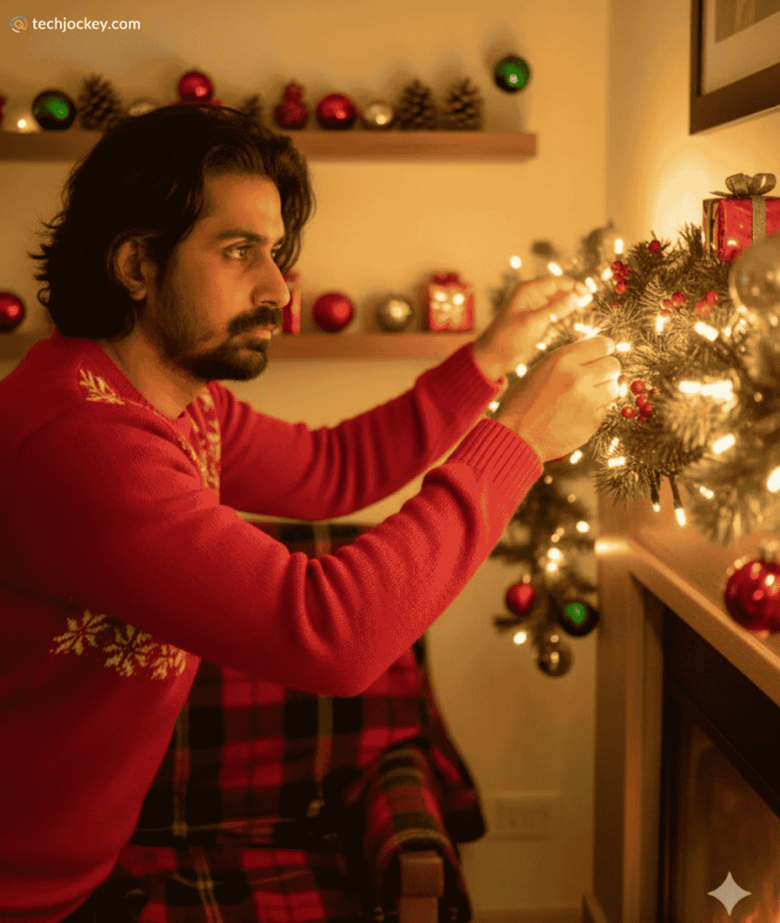 A man in a red Christmas sweater hangs festive lights and decorations on a holiday garland beside a warmly lit fireplace.