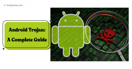 Android Trojan guide banner showing Android logo with a magnifying glass highlighting a malware skull icon, representing mobile malware threats.