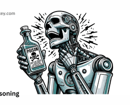 AI poisoning illustration showing a humanoid robot holding a poison bottle, symbolizing malicious data manipulation and corrupted AI training models