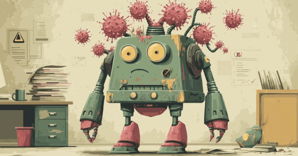 AI poisoning concept illustration showing a distressed robot covered with virus-like data particles, symbolizing corrupted training data and compromised artificial intelligence systems