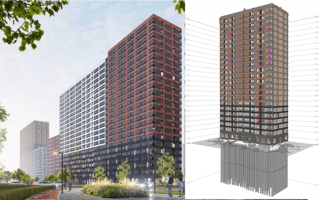 A split-image illustrating integrated project visualization. The left side shows a photorealistic rendering of a modern, high-rise apartment complex in its urban setting. The right side shows the corresponding 3D Building Information Modeling (BIM) structure of the same building, complete with foundation piles and exterior details, demonstrating the integration of visualization and design data.