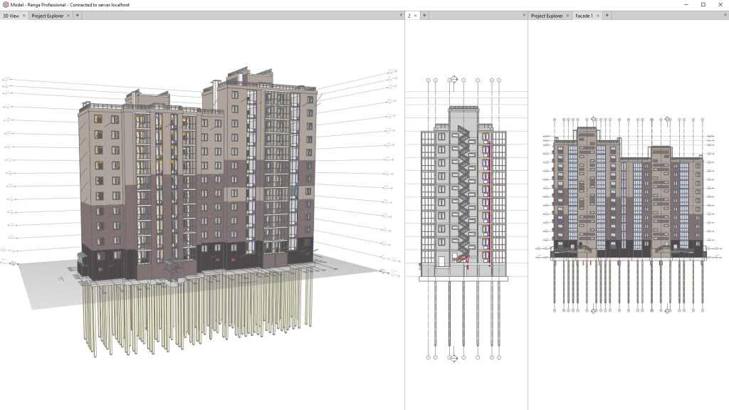 A screenshot of a Building Information Modeling (BIM) software interface, showing a multi-view layout. The left panel displays a rendered 3D exterior view of an apartment building with foundation piles. The right panels show 2D engineering drawings: a floor-to-floor cross-section and a facade elevation view, demonstrating an intuitive user interface for design and drafting