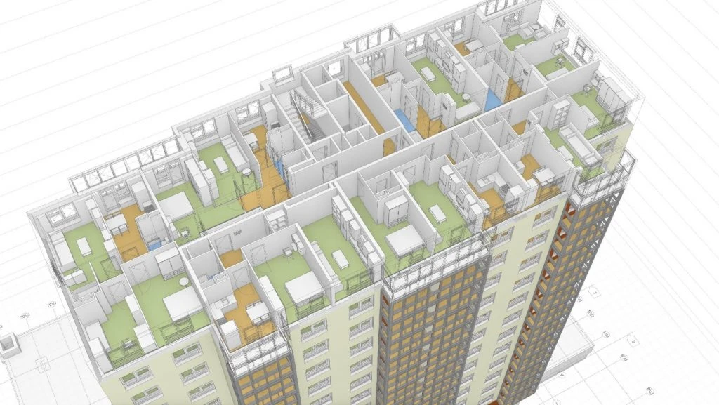 An overhead, cutaway view of a multi-story building's 3D floor plan. The image shows the internal layout of multiple residential units, including rooms, walls, furniture outlines, and color-coded areas (e.g., green for living spaces, orange for bedrooms) to illustrate a detailed, full-fledged 3D architectural model.