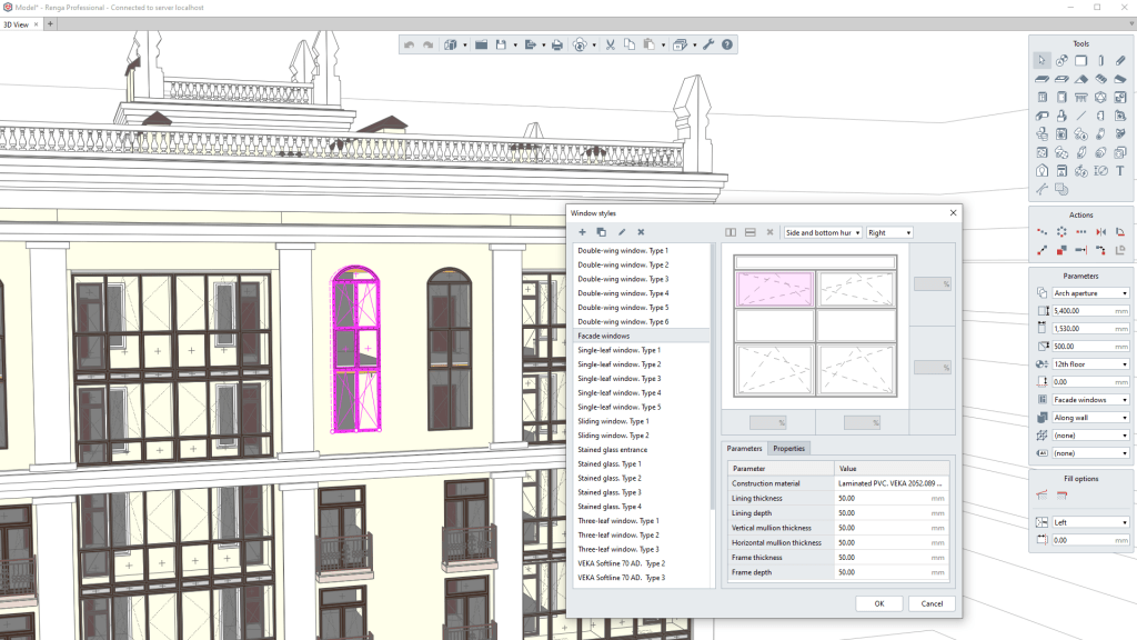 A screenshot of a Building Information Modeling (BIM) software interface focused on facade design. An edit window for Window styles is open, showing parameters for an arched window aperture. The parameters define its geometric features and material properties like Construction material (Laminated PVC, VEKA DS52.09), Lining thickness ($50.00\text{ mm}$), and Frame depth ($50.00\text{ mm}$), demonstrating how components can be configured without relying on external libraries or catalogs.