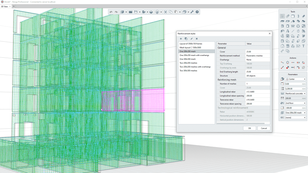 A screenshot of Building Information Modeling (BIM) software showing a wireframe 3D model of a building's structural frame with an automated reinforcement detailing window open. The window lists various reinforcement styles (e.g., one $200\text{x}200\text{ mm}$ mesh) and parameters like Cover ($25.00$), Longitudinal rebar ($\diameter 12\text{ A}400$), and Transverse rebar spacing ($200.00\text{ mm}$), illustrating design automation for structural elements.