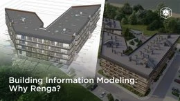 Building Information Modeling (BIM) visualization showing a detailed Renga software 3D building model with architectural structure, rooftop layout, and rendered site context.