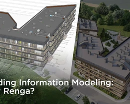 Building Information Modeling (BIM) visualization showing a detailed Renga software 3D building model with architectural structure, rooftop layout, and rendered site context.