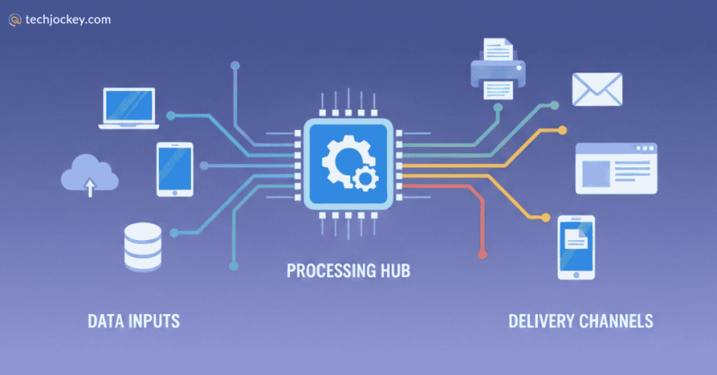 Diagram explaining how an Output Management System works, with data inputs flowing into a central processing hub and outputs delivered through email, print, mobile, and digital channels.