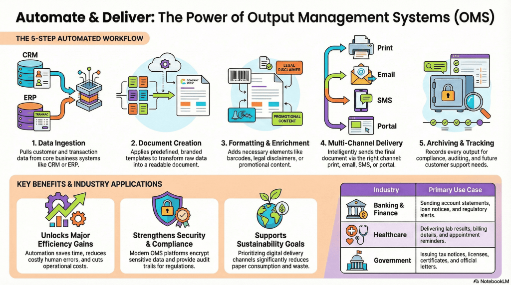 Infographic explaining Output Management System (OMS) workflow showing data ingestion from CRM and ERP, document creation, formatting, multi-channel delivery via print, email, SMS, portal, and secure archiving with key benefits and industry use cases.