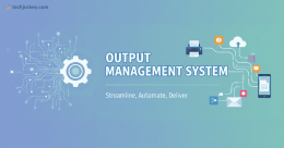 Output Management System illustration showing automated document processing, workflow automation, and multi-channel delivery including email, cloud, print, and mobile communication.