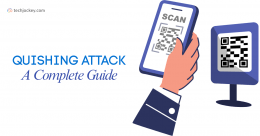 Illustration showing a smartphone scanning a QR code labeled Quishing Attack A Complete Guide, highlighting QR code phishing threats and cybersecurity awareness.