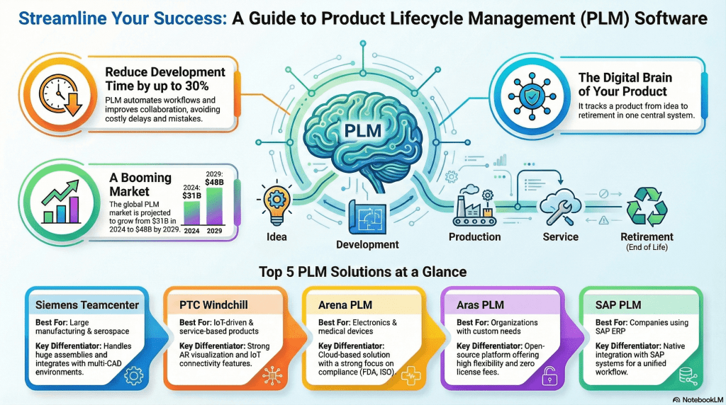 Infographic explaining Product Lifecycle Management (PLM) software, showing benefits like 30% faster development, market growth, lifecycle stages, and top PLM tools including Siemens Teamcenter, PTC Windchill, Arena, Aras, and SAP.