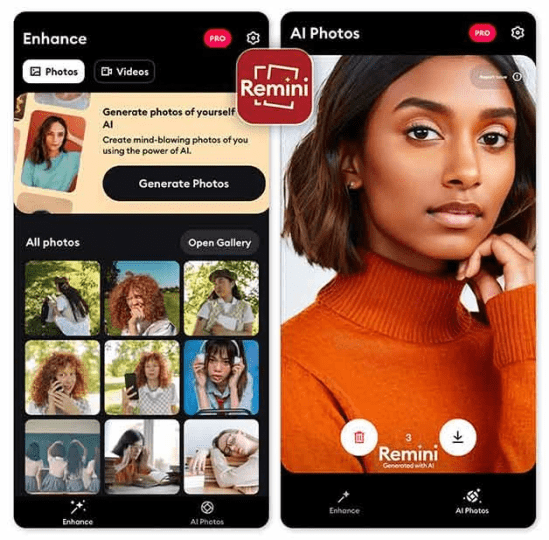 Remini AI photo enhancer app interface displaying AI photos feature, image gallery, and portrait enhancement preview
