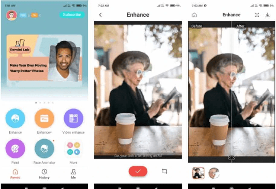 Remini AI photo enhancer showing before and after image quality improvement with facial clarity and sharpness enhancement