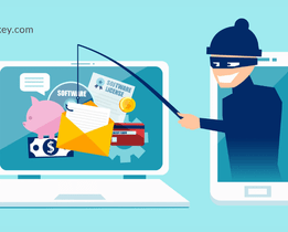 Illustration showing a cybercriminal phishing sensitive software license, payment, and financial data from a laptop and smartphone, highlighting cybersecurity risks for businesses.