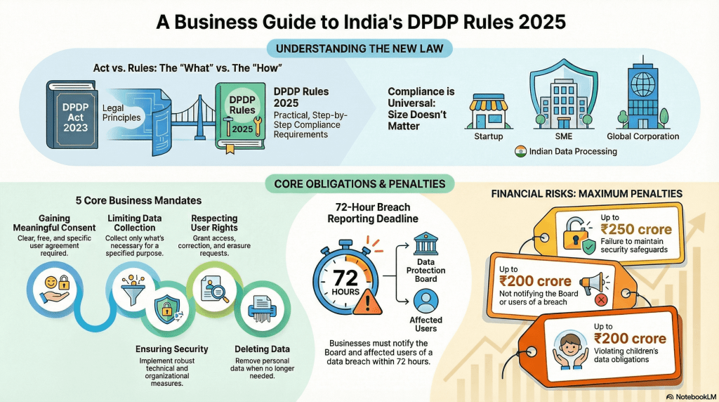 Infographic explaining India’s DPDP Rules 2025 for businesses, highlighting compliance scope, core data protection obligations, 72-hour breach reporting, and penalties up to ₹250 crore.