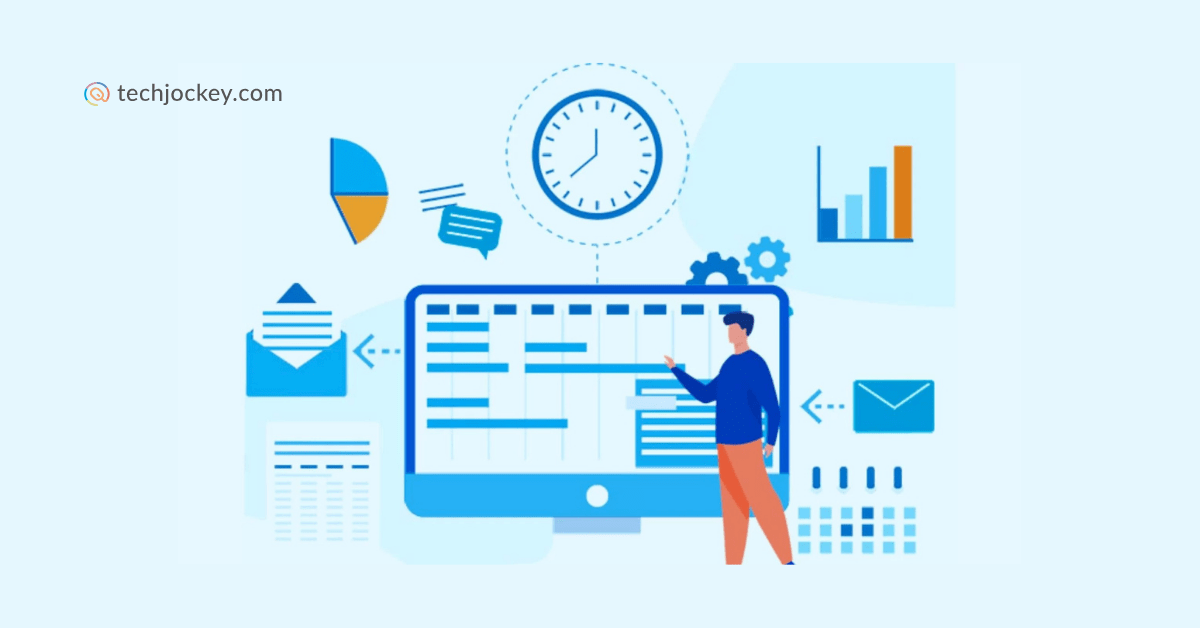 Illustration of employee productivity tracking dashboard showing time management, task scheduling, performance analytics, and automated reporting for workplace efficiency.