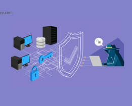 Illustration showing secure enterprise network with servers, encryption keys, firewall shield, and protected data traffic blocking cyber threats.
