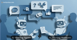 Illustration showing AI meeting agents vs AI meeting assistants, highlighting active AI agents interacting in meetings and assistants focusing on note-taking and summaries.