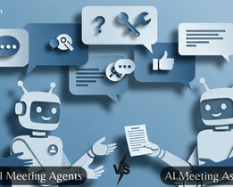 Illustration showing AI meeting agents vs AI meeting assistants, highlighting active AI agents interacting in meetings and assistants focusing on note-taking and summaries.
