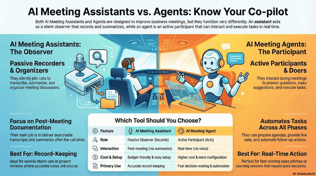 Infographic comparing AI meeting assistants vs AI meeting agents, showing assistants as passive note-takers and agents as active participants that automate tasks in real time.
