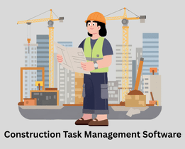 Illustration of construction task management software showing a site manager reviewing plans at a construction site with cranes and buildings in the background.