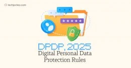 DPDP 2025 Digital Personal Data Protection Rules illustration showing secure folder, password protection, user data icon, and privacy shield symbol.