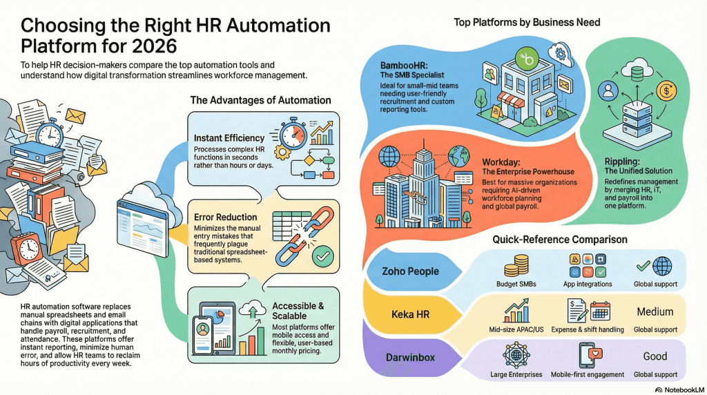 Infographic showing how to choose the right HR automation software for 2026, highlighting benefits like efficiency, error reduction, scalability, and comparing platforms such as BambooHR, Workday, Rippling, Zoho People, Keka HR, and Darwinbox by business needs.