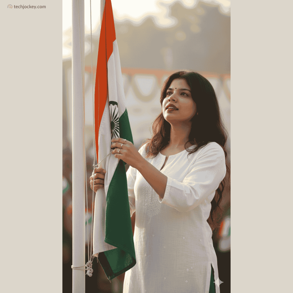 Woman dressed in white hoisting the Indian national flag during a Republic Day celebration, symbolizing patriotism and national pride.